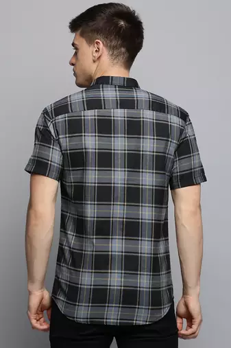 men's short sleeves tartan checks grey shirt