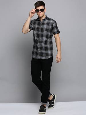 men's short sleeves tartan checks grey shirt 5