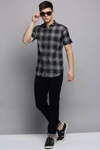 men's short sleeves tartan checks grey shirt