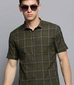 Showoff men's short sleeves tartan checks olive shirt