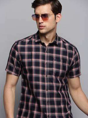 Showoff men's short sleeves tartan checks navy blue shirt 1