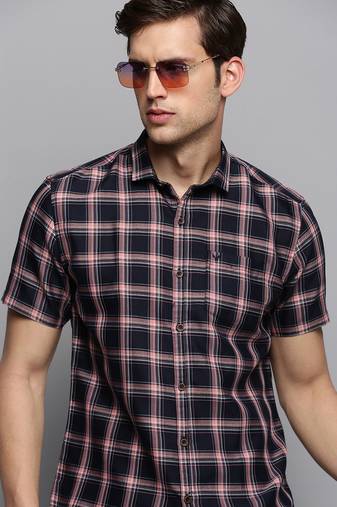 Showoff men's short sleeves tartan checks navy blue shirt