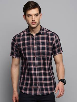 Showoff men's short sleeves tartan checks navy blue shirt 2
