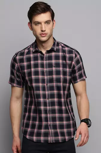 Showoff men's short sleeves tartan checks navy blue shirt