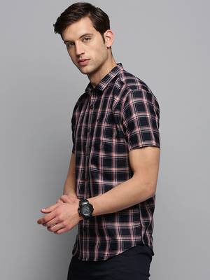 Showoff men's short sleeves tartan checks navy blue shirt 3