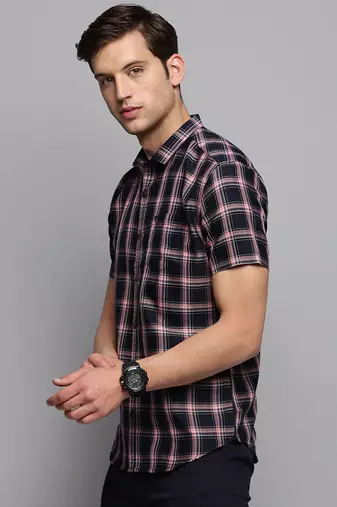Showoff men's short sleeves tartan checks navy blue shirt