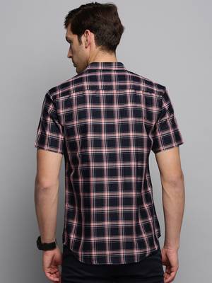 Showoff men's short sleeves tartan checks navy blue shirt 4