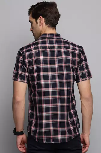 Showoff men's short sleeves tartan checks navy blue shirt