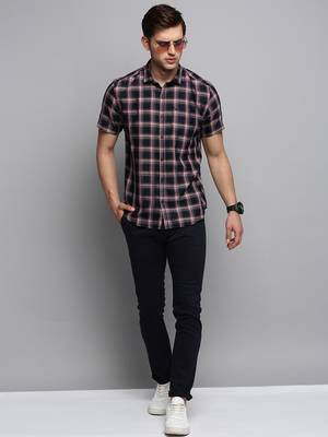 Showoff men's short sleeves tartan checks navy blue shirt 5