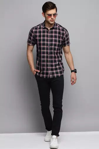 Showoff men's short sleeves tartan checks navy blue shirt