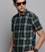 men's short sleeves tartan checks olive shirt