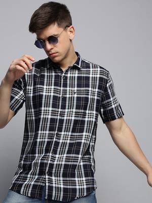men's short sleeves tartan checks navy blue shirt 1