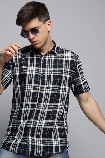 men's short sleeves tartan checks navy blue shirt