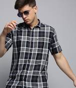 men's short sleeves tartan checks navy blue shirt