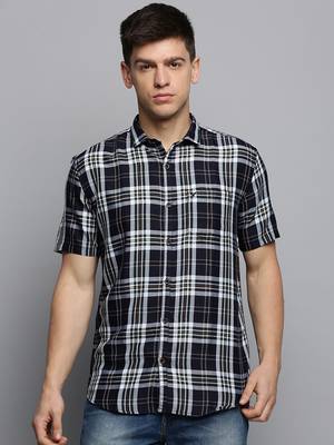 men's short sleeves tartan checks navy blue shirt 2