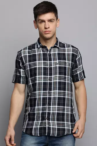 men's short sleeves tartan checks navy blue shirt