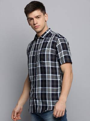 men's short sleeves tartan checks navy blue shirt 3