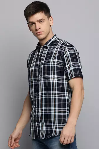 men's short sleeves tartan checks navy blue shirt