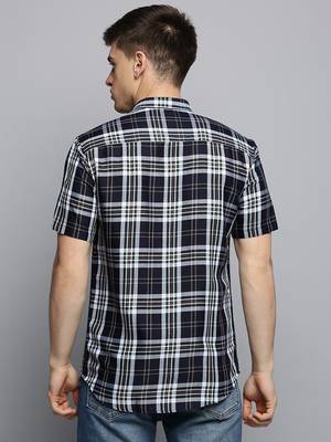 men's short sleeves tartan checks navy blue shirt 4
