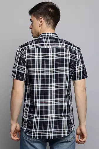 men's short sleeves tartan checks navy blue shirt