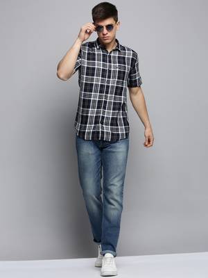 men's short sleeves tartan checks navy blue shirt 5