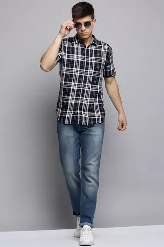 men's short sleeves tartan checks navy blue shirt