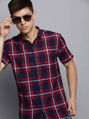 men's short sleeves tartan checks navy blue shirt 1