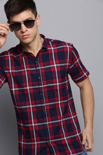 men's short sleeves tartan checks navy blue shirt