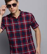 men's short sleeves tartan checks navy blue shirt