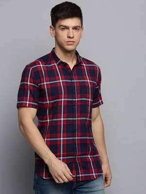 men's short sleeves tartan checks navy blue shirt 2