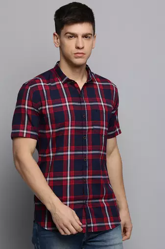 men's short sleeves tartan checks navy blue shirt