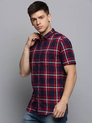 men's short sleeves tartan checks navy blue shirt 3