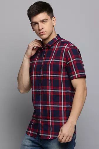 men's short sleeves tartan checks navy blue shirt