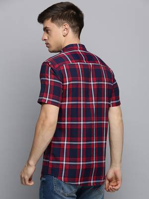men's short sleeves tartan checks navy blue shirt 4