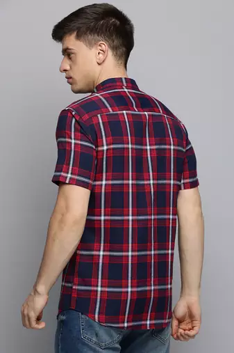 men's short sleeves tartan checks navy blue shirt
