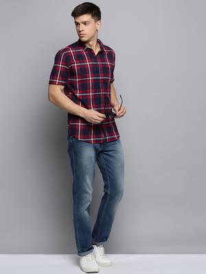 men's short sleeves tartan checks navy blue shirt 5