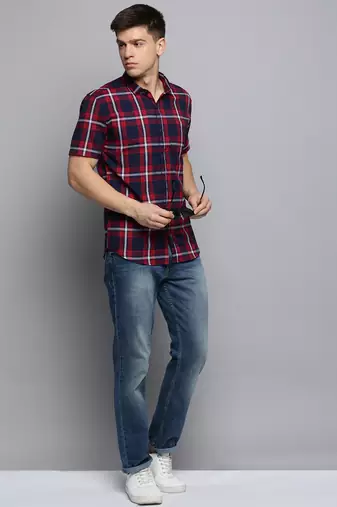 men's short sleeves tartan checks navy blue shirt