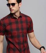men's short sleeves tartan checks maroon shirt