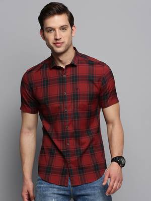 men's short sleeves tartan checks maroon shirt 2