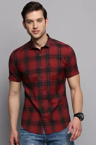 men's short sleeves tartan checks maroon shirt