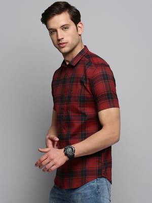 men's short sleeves tartan checks maroon shirt 3