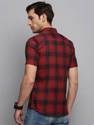 men's short sleeves tartan checks maroon shirt 4