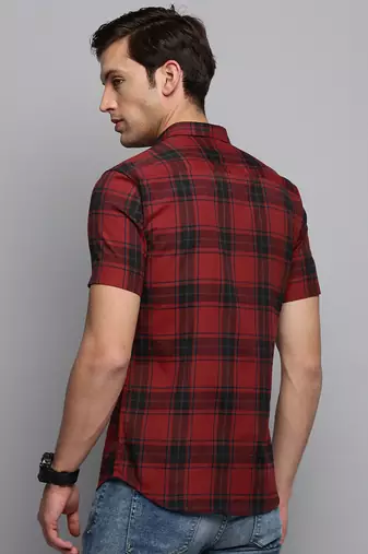 men's short sleeves tartan checks maroon shirt