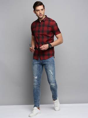 men's short sleeves tartan checks maroon shirt 5