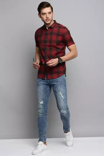 men's short sleeves tartan checks maroon shirt