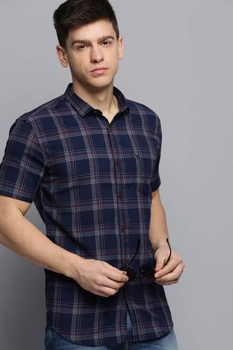 Showoff men's short sleeves tartan checks navy blue shirt
