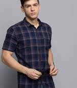 Showoff men's short sleeves tartan checks navy blue shirt
