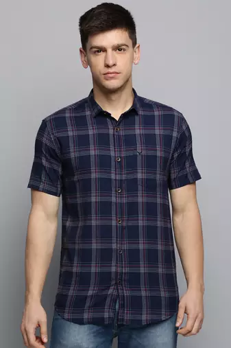 Showoff men's short sleeves tartan checks navy blue shirt