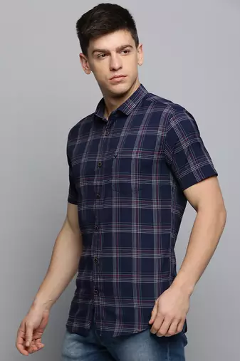 Showoff men's short sleeves tartan checks navy blue shirt