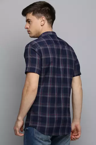 Showoff men's short sleeves tartan checks navy blue shirt